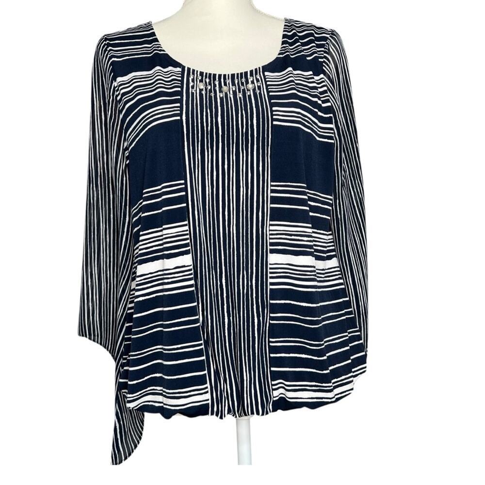 Alfani Embellished Angle Sleeve Striped Blouse Navy White Women’s Size Petite M